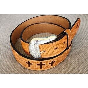 Western Ranger Belt Tan Leather Cowhide Hair Crosses Basket Weave Snap-On Buckle